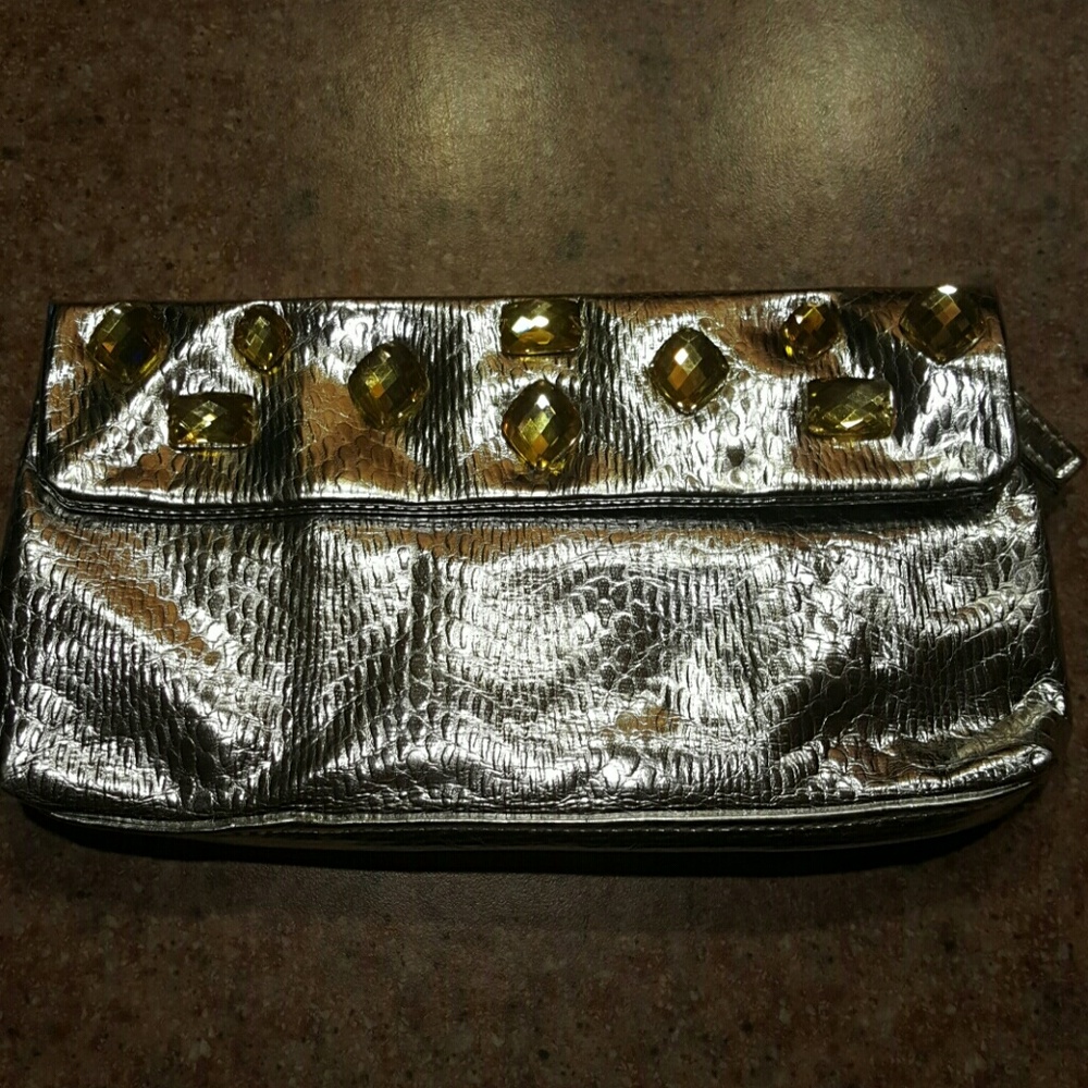NewDirection Silver Faux Snakeskin Jeweled Clutch